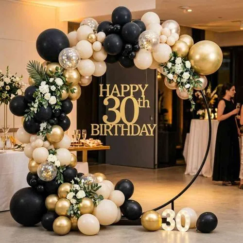EZ Extend Circle 7 ft Display (Frame Only) – circle frame with balloon garland at a 30th birthday party