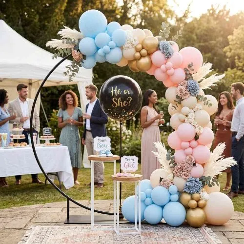 EZ Extend Circle 7 ft Display (Frame Only) – circle frame with balloon garland at a gender reveal party