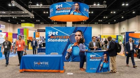 10ft fabric pop up display set up in 10x10 trade show booth