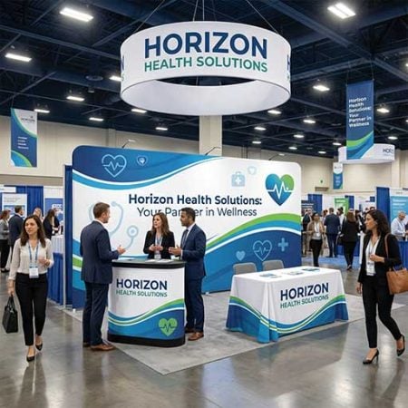 Medical trade show booth with fabric pop up display backdrop