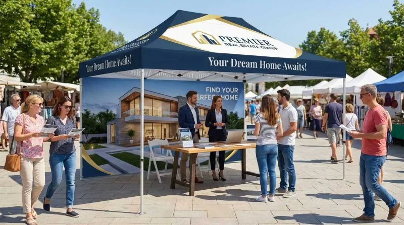 Custom 15ft canopy tent at a real estate outdoor event