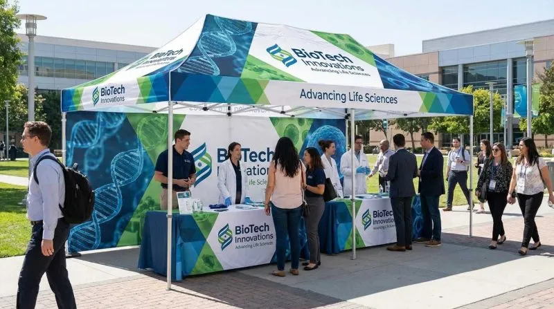 Custom 20ft canopy tent at a biotech outdoor event