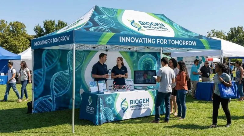 Custom 20ft canopy tent at a biotech outdoor event