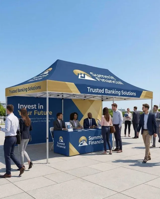 Custom 20ft canopy tent at a financial outdoor event