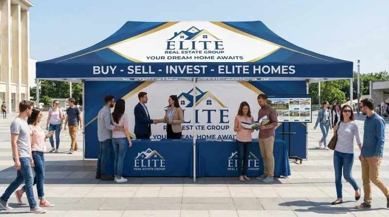Custom 20ft canopy tent at a financial outdoor event