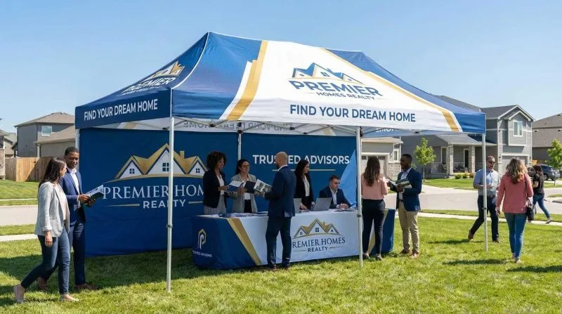 Custom 20ft canopy tent at a financial outdoor event