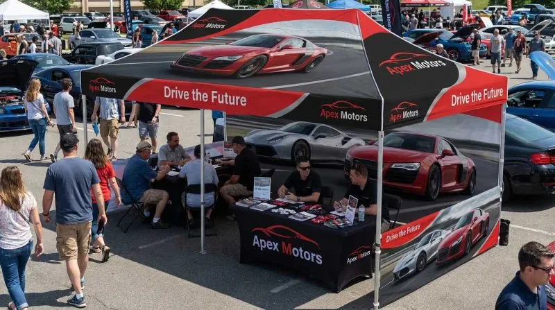 Branded canopy tent at an outdoor real estate event