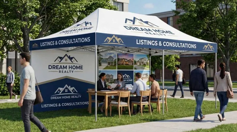 Custom 20ft canopy tent at a real estate outdoor event