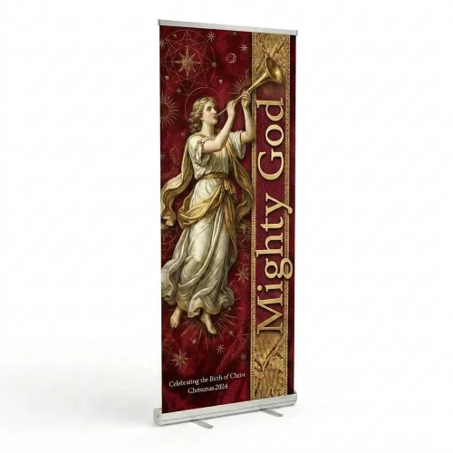 Church Banner Retractable Christmas Mighty God Red