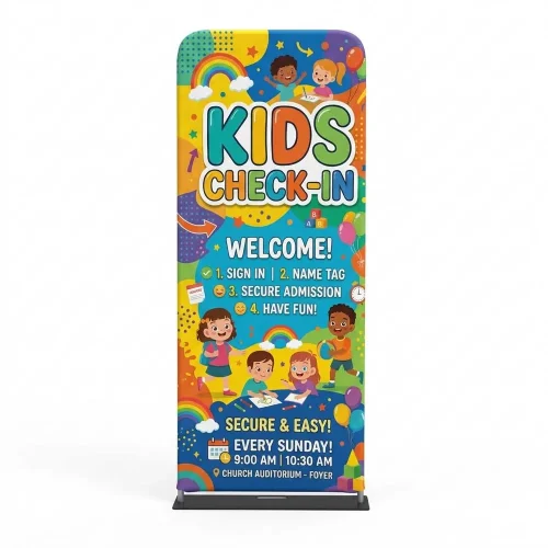 Church Banner Tension Fabric Display Kids Check In 4