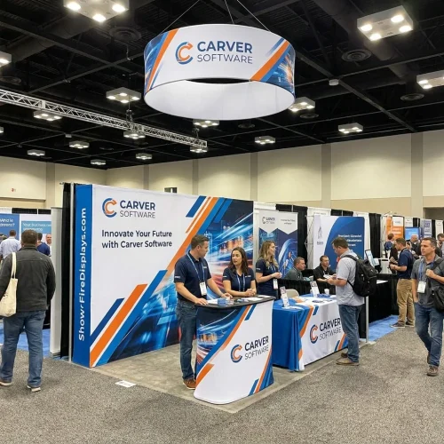 10ft Fabric Pop Up Backdrop with Endcaps displayed at an event