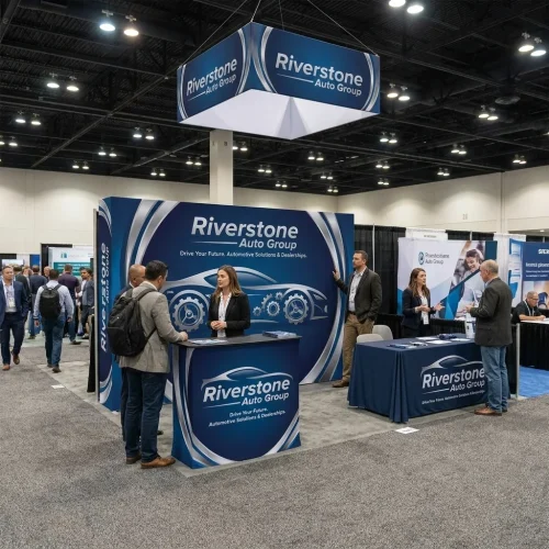 10ft Fabric Pop Up Backdrop with Endcaps displayed at an event