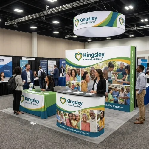 10ft Straight Fabric Pop Up Display with Endcaps displayed at an event