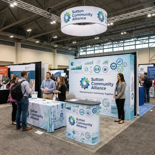 10ft Straight Fabric Pop Up Display with Endcaps displayed at an event