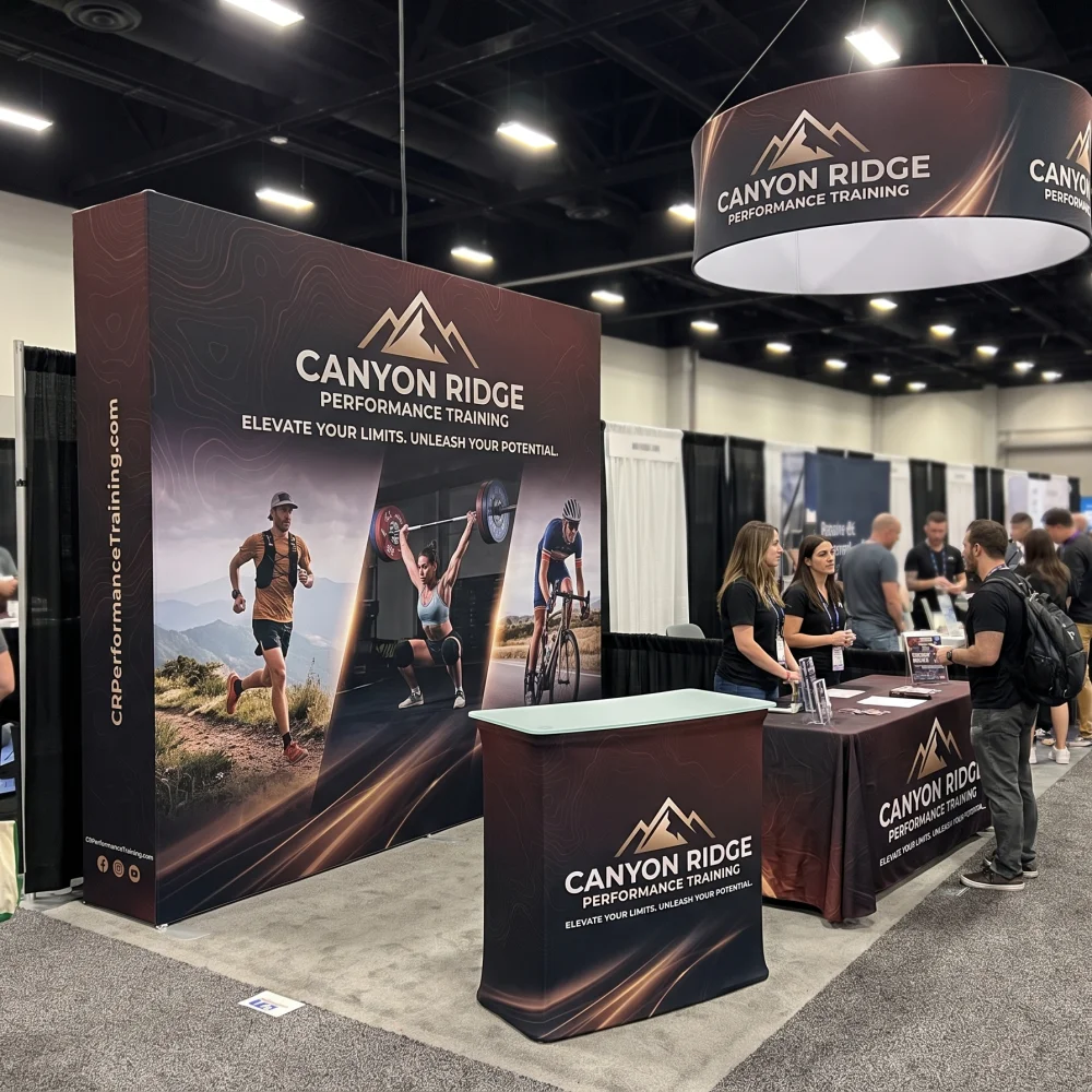 10ft x 10ft Fabric Pop Up Display with Endcaps displayed at an event