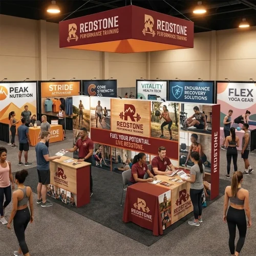 20ft x 10ft Fabric Pop Up Display with Endcaps displayed at an event