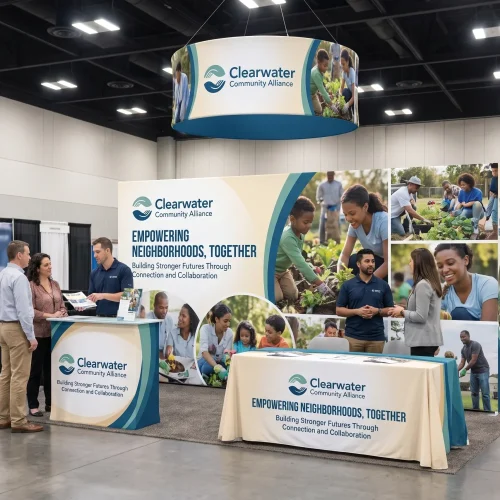 20ft x 10ft Fabric Pop Up Display with Endcaps displayed at an event