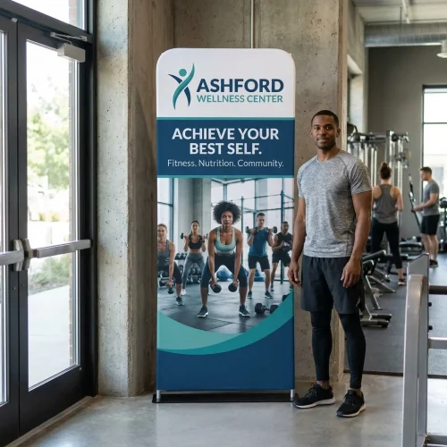 3 ft. x 7.5 ft. One Choice Tension Fabric Vertical Banner Double-Sided Graphic Package displayed at an event