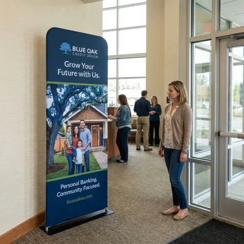 3 ft. x 7.5 ft. One Choice Tension Fabric Vertical Banner Double-Sided Graphic Package displayed at an event