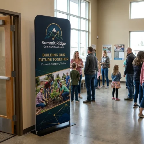 3 ft. x 7.5 ft. One Choice Tension Fabric Vertical Banner Double-Sided Graphic Package displayed at an event