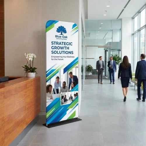 3 ft. x 7.5 ft. One Choice Tension Fabric Vertical Banner Double-Sided Graphic Package displayed at an event