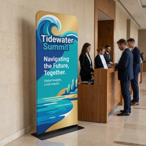 3 ft. x 7.5 ft. One Choice Tension Fabric Vertical Banner Double-Sided Graphic Package displayed at an event