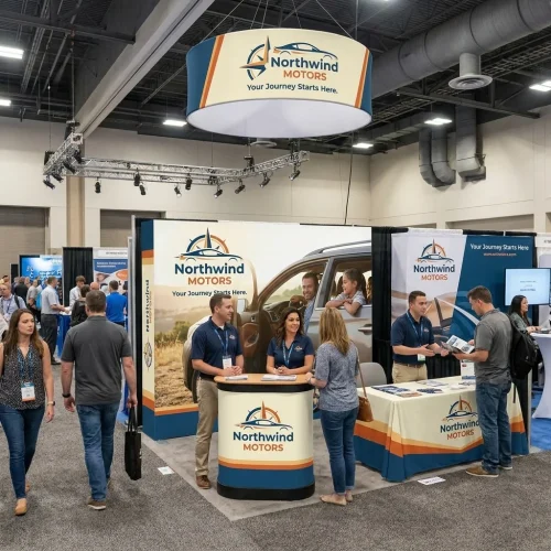 8ft Fabric Pop Up Backdrop with Endcaps displayed at an event