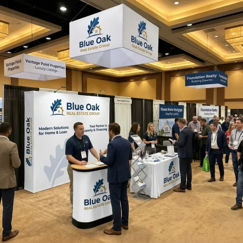 8ft Straight Fabric Pop Up Display with Endcaps displayed at an event