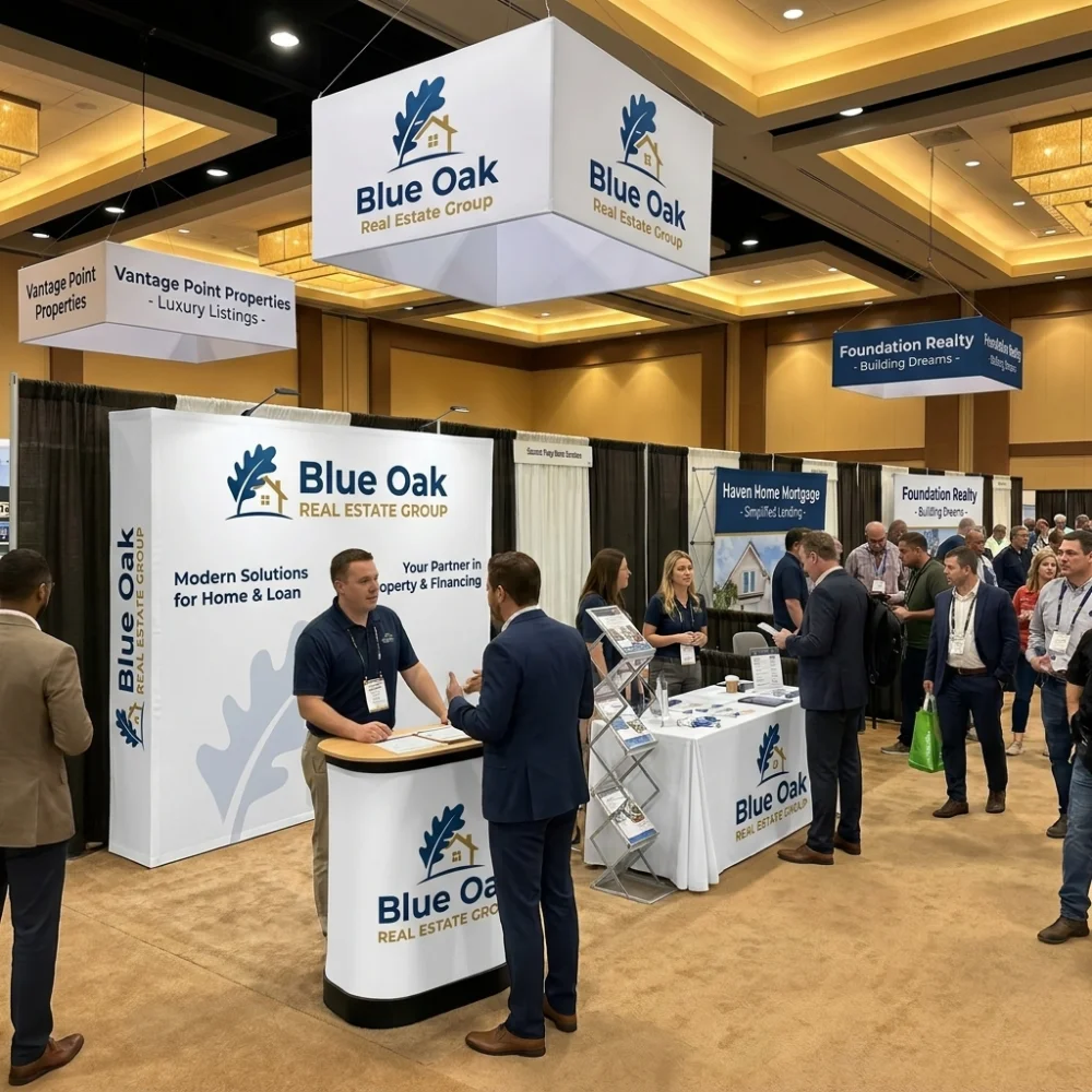 8ft Straight Fabric Pop Up Display with Endcaps displayed at an event